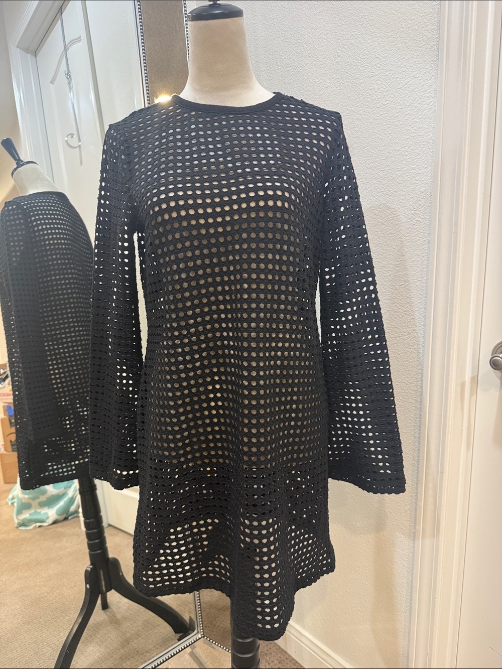 MNG Long Sleeve Shift Dress - Open-Knit Style